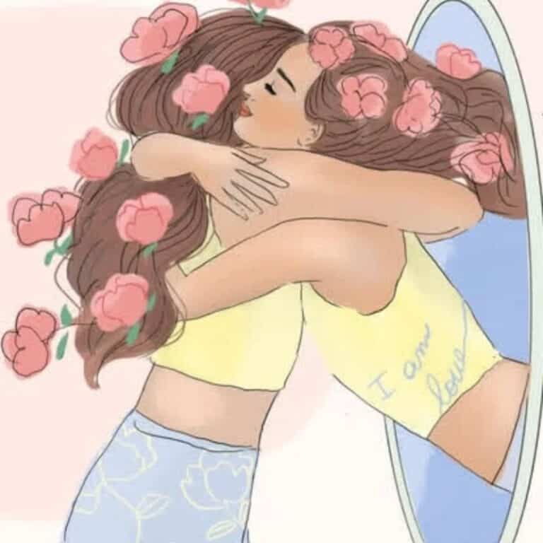 Hugging women with flowers in hair, showing love and emotional connection.